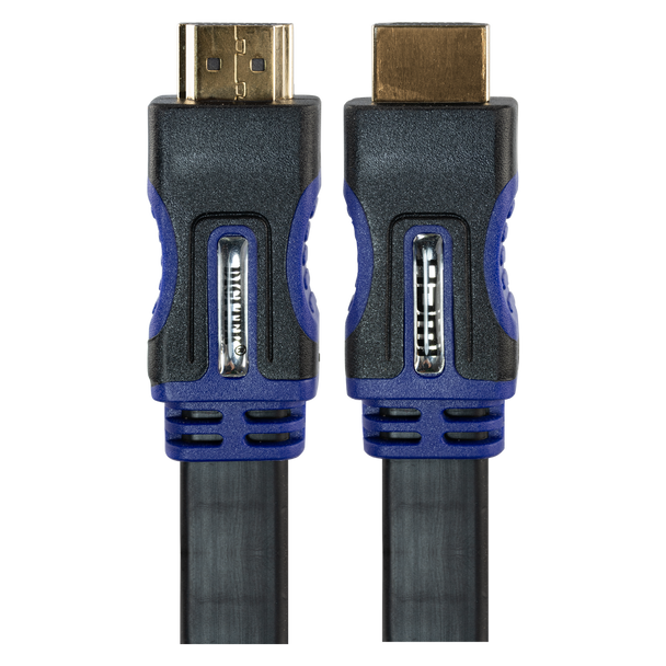 Close-up of Hills Antenna flat HDMI gold-plated male end and OFC conductors, slim PVC jacket for weather-tight 4K@60Hz transmission