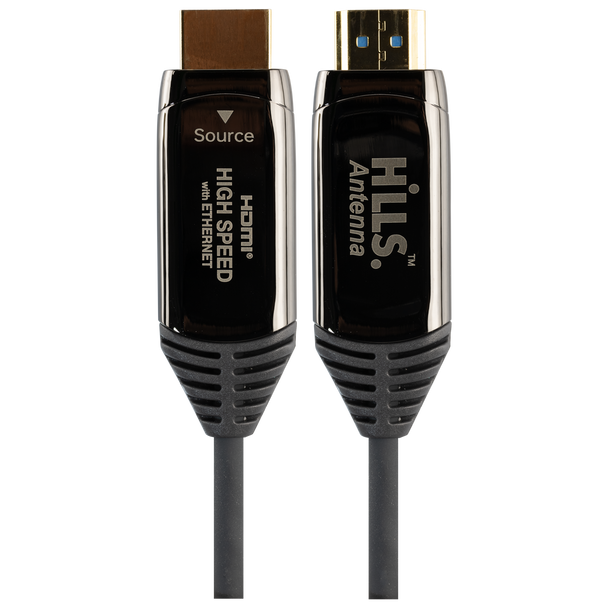 Close-up of Hills Antenna AOC HDMI gold-plated male end, optoelectronic module for zero-loss 4K@60Hz