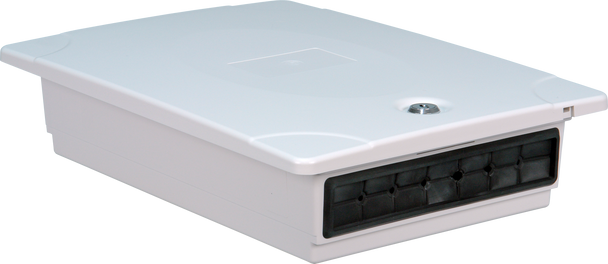Resi-Linx structured cabling enclosure in compact plastic design, flush-mount media box with vertical rails and lockable cover for home networking