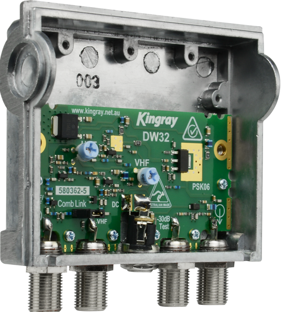 Kingray DW32 amplifier with PSK18S power supply, manual, and mounting screws, 3-year warranty for TV installs