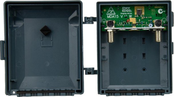 Kingray MDA15U UHF masthead amplifier in weatherproof housing with F-Type connectors and 4G/LTE filter, 15dB gain for clear FTA TV