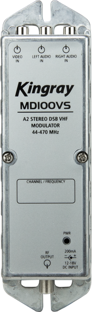 Kingray MD100VS analogue stereo modulator with RCA inputs and F-Type RF output, Australian-made AV to RF converter for TV systems