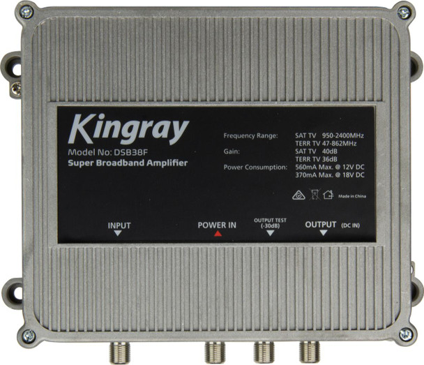 Kingray DSB38F super broadband distribution amplifier with F-Type connectors, adjustable dials for terrestrial and satellite TV boosting