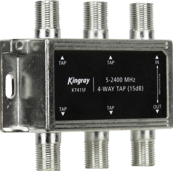 Close-up of Kingray KT415F single input, 4 tap outputs, and 2A DC pass-through on Foxtel-approved passive tap