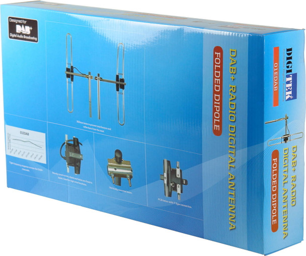 Packaging display box of Digitek 01EDAB antenna including rubber boot and F-Type connector, ready for quick Australian digital radio upgrade