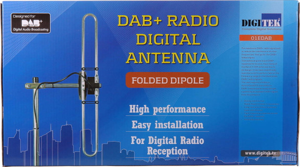 Packaging display box of Digitek 01EDAB antenna including rubber boot and F-Type connector, ready for quick Australian digital radio upgrade