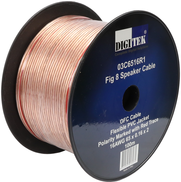 Digitek 100m 16AWG speaker cable on labeled plastic reel, 2 x 3.5mm for versatile audio installs