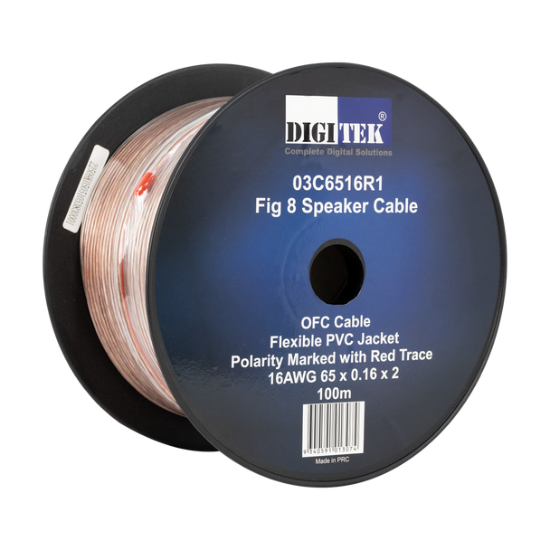 Digitek High Performance Figure 8 Speaker Cable 100m 03C6516R1 16AWG plastic reel, clear PVC oxygen-free copper