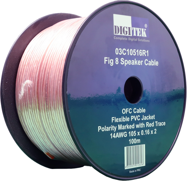Digitek High Performance Figure 8 Speaker Cable 100m 03C10516R1 14AWG on reel, clear PVC with OFC strands