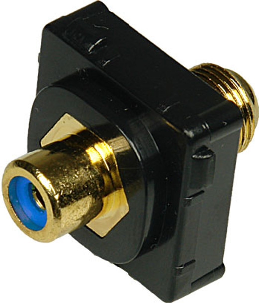Closeup of black ABS plastic Digitek blue RCA insert showing recessed F female to yellow RCA female ports