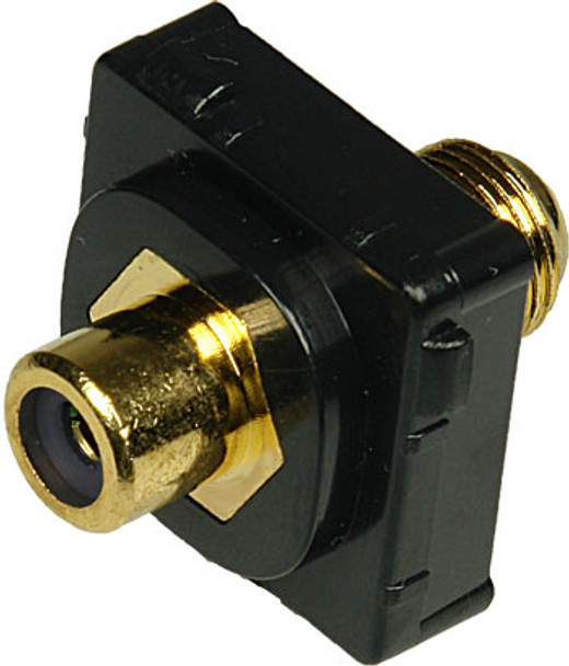 Closeup of black ABS plastic Digitek black RCA insert showing recessed F female to yellow RCA female ports