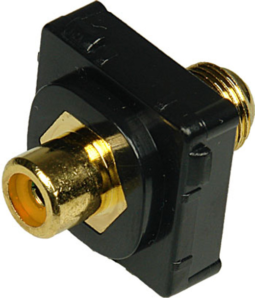 Closeup of black ABS plastic Digitek orange RCA insert showing recessed F female to yellow RCA female ports