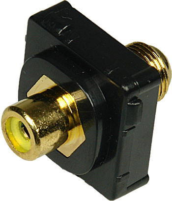 Closeup of black ABS plastic Digitek yellow RCA insert showing recessed F female to yellow RCA female ports