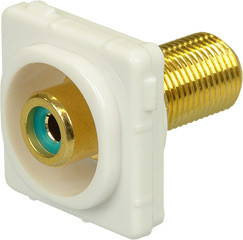 Closeup of white ABS plastic Digitek green RCA insert showing recessed F female to yellow RCA female ports