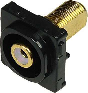 Closeup of black ABS plastic Digitek white RCA insert showing recessed F female to yellow RCA female ports