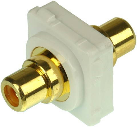 Closeup of orange ABS plastic Digitek RCA insert showing female to female ports for cable passthrough