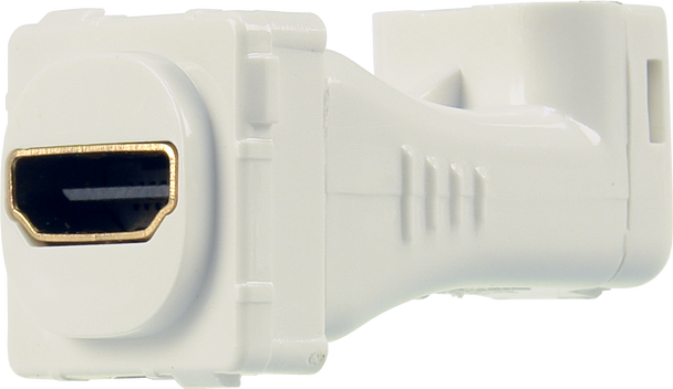 Closeup of white ABS plastic Digitek right angle HDMI insert showing 90-degree female ports for cable routing