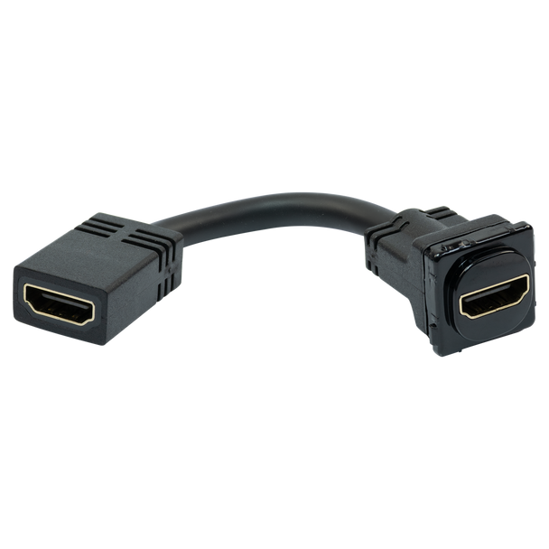 Closeup of black ABS plastic Digitek 4K@60Hz insert showing bendable tail for console cable routing