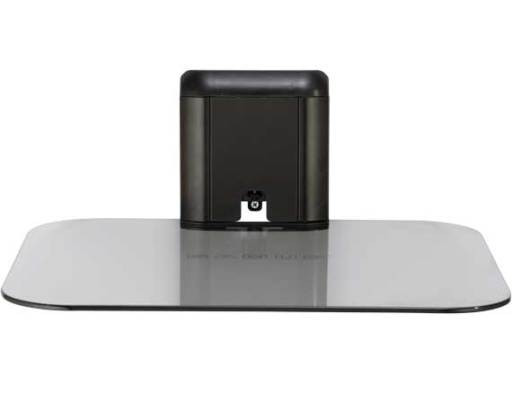 Closeup of tempered glass shelf on Sanus VMA401 under TV Wall Shelf  front view