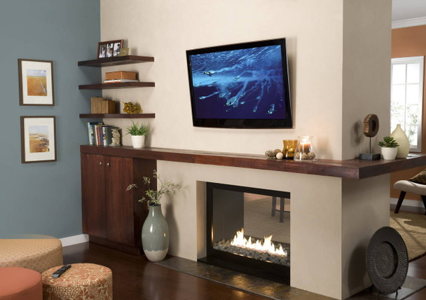 Sanus VMPL50A tilting TV mount with 55-inch LCD adjusted 12 degrees for glare-free living room viewing