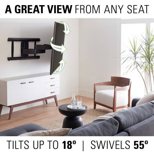 Sanus VXF730-B2 full-motion TV mount extended 20 inches swiveling a 65-inch TV for flexible viewing