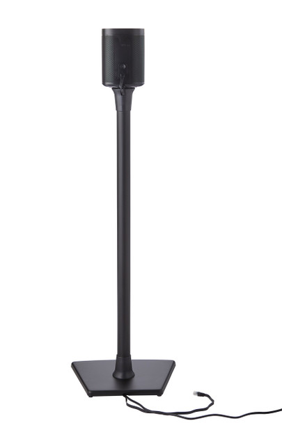SANUS WSS21 stand with integrated wire channels concealing cables behind Sonos PLAY:1 speaker