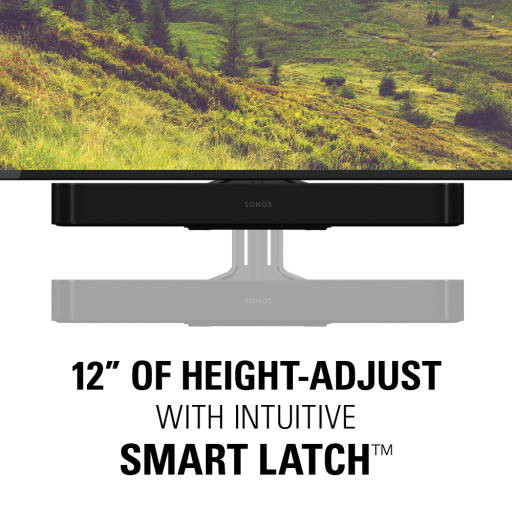 SANUS WSSBM1 Soundbar TV Mount for Sonos Beam™ Gen 1 & 2 showing 12-inch height adjust with intuitive smart latch feature