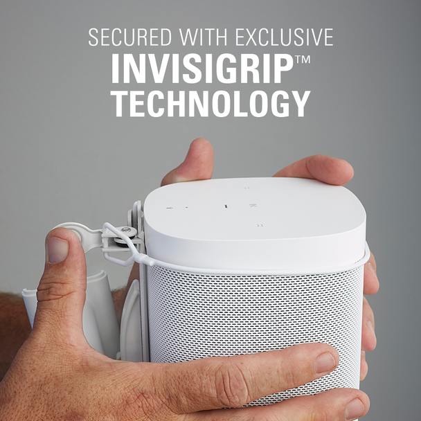 Closeup of InvisiGrip wires securely cradling Sonos PLAY:1 speaker on SANUS mount