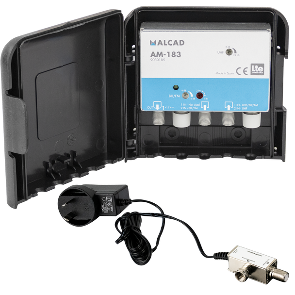 Closeup of tiltable Zamak chassis on Alcad AM-183 showing F-type connectors and LTE filter and power supply