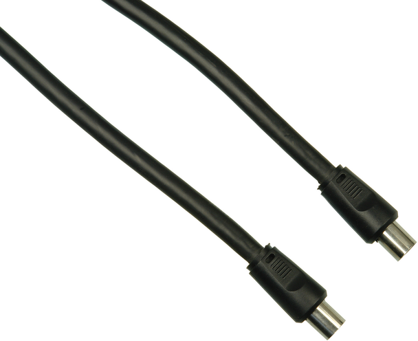 Close-up of Black 1.8 metre RG6 PAL to PAL quad shield TV cable