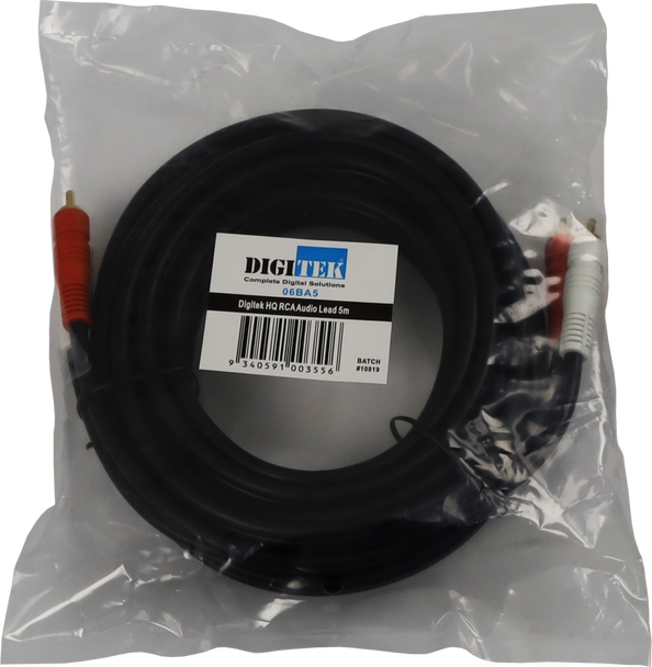 Poly bag pack of Digitek 5m RCA lead with audio essentials label