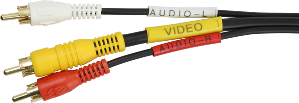 Closeup of triple gold RCA male plugs on Digitek composite AV cable ends