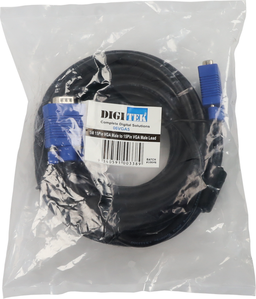 Retail hang-sell pack of Digitek 06VGA5 5m VGA lead with label