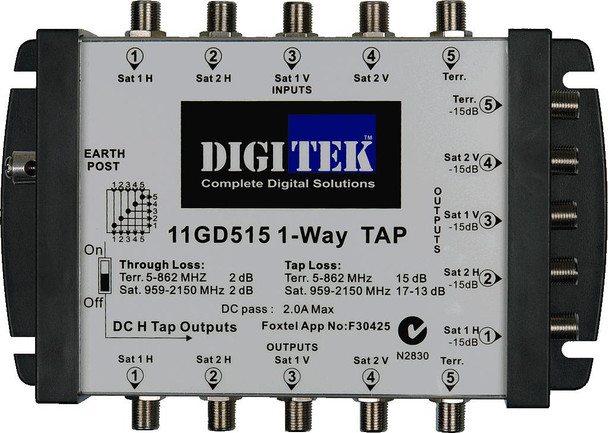 Detailed view of attenuation dial and ports on Digitek 11GD515 satellite TAP