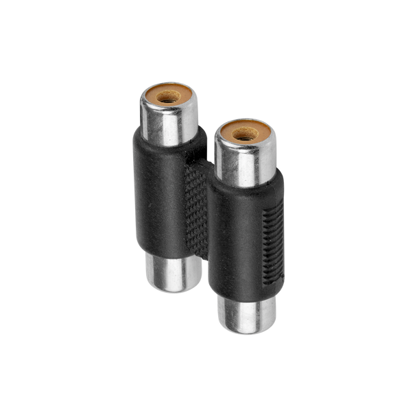 Closeup of two RCA female ports on each side of Digitek TV SAT AV stereo coupler