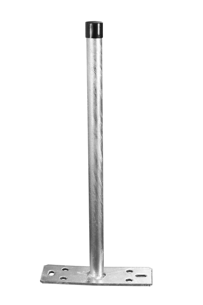 Side profile of the 460mm Hills wall bracket installed on timber fascia, highlighting U-Bolt adaptability for masts over 1.8m