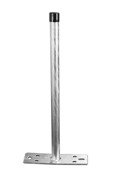 Side profile of the 460mm Hills wall bracket installed on timber fascia, highlighting U-Bolt adaptability for masts over 1.8m