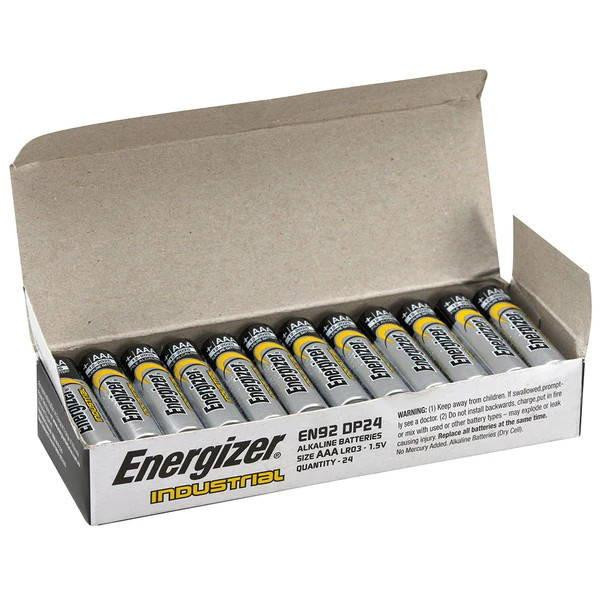 Energizer EN92 Industrial 1.5V AAA Alkaline Battery 24 pack box opened view