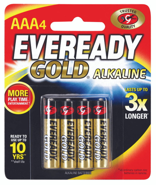 Eveready Gold A92BP4T 4-pack batteries in original blister packaging, highlighting the brand logo and device compatibility icons for remotes and clocks
