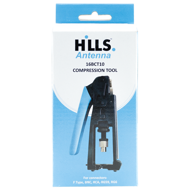 Boxed Ergonomic compression tool kit for coaxial cable installations in black steel, ready for shipping Boxed Ergonomic compression tool kit for coaxial cable installations in black steel, ready for shipping