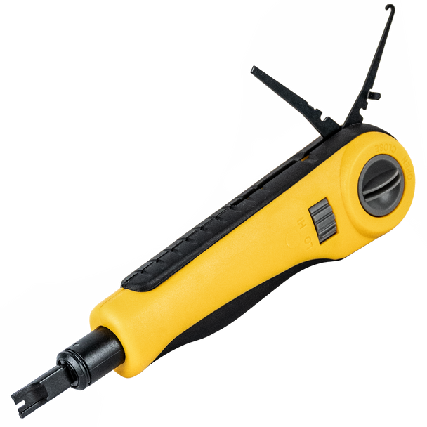 Hanlong HT-364BR 110/88 punch down tool front view showing cutting blade, HI-LO impact selector, and TPR grip for telecom wiring