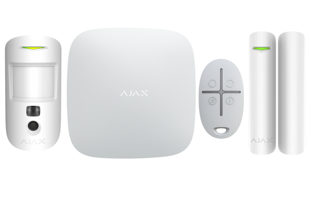 Ajax Hub 2 Plus Starter Kit  - 1 x Hub 2 Plus Ethernet/WiFi & Dual 4G - 1 x Motion Cam WL PIR - 1 x Door Protect WL Reed Switch - 1 x Space Key Fob (White)