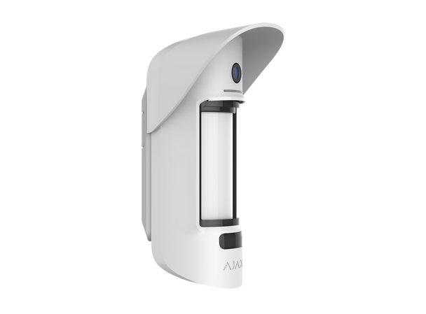 Ajax MotionCam Outdoor white with hood, features 15m detection and night vision.