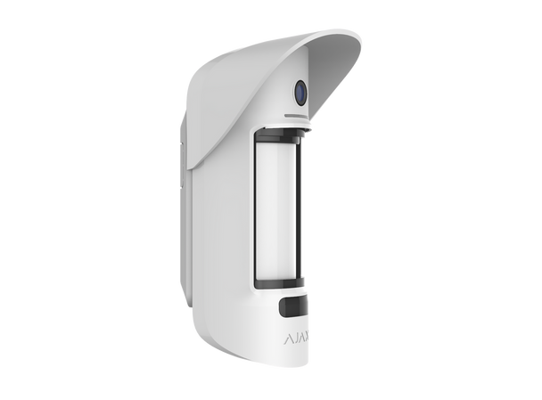 Ajax MotionCam Outdoor PhoD white with hood, features 15m detection and anti-masking system.