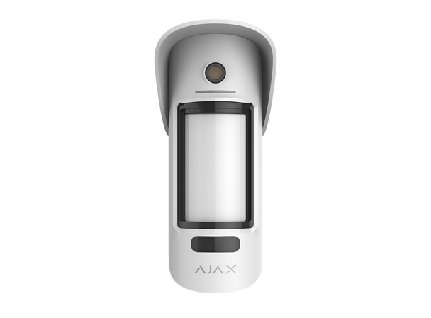 White Ajax MotionCam Outdoor PhoD 2-way wireless PIR detector with built-in camera for photo verification in outdoor security.