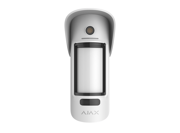 White Ajax MotionCam Outdoor PhoD 2-way wireless PIR detector with built-in camera for photo verification in outdoor security. White Ajax MotionCam Outdoor PhoD 2-way wireless PIR detector with built-in camera for photo verification in outdoor security.