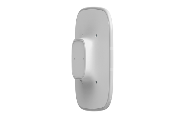 Rear angle view of Ajax StreetSiren silver/white siren featuring LED frame for armed status and 1,500m wireless range