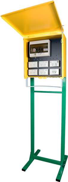 Digitek 27MBTSG Single Phase Temporary Meter Box with green stand and gold enclosure, fully wired for Australian construction sites