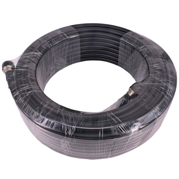 Full view of black UV-stabilised 20-metre LL400 coax cable with UHF male connectors, exalting the 10.29mm jacket for legendary long-haul antenna conquests