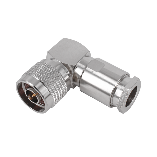 Side view of Hills Antenna BC85276 nickel-plated brass N Male connector, demonstrating right-angle build for telecom and antenna applications
